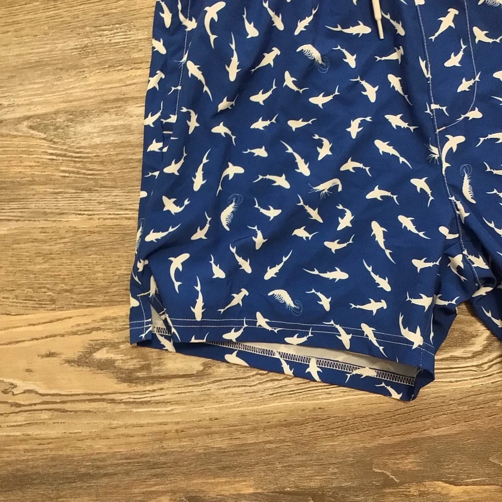SHEIN Blue and White Shark Print Swim Trunks Built In Boxer Brief Medium